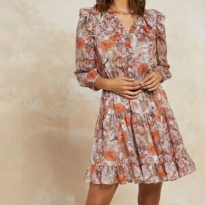 Anthropologie Current Air Floral Long Sleeve Ruffled‎ Mini Dress Small Petite